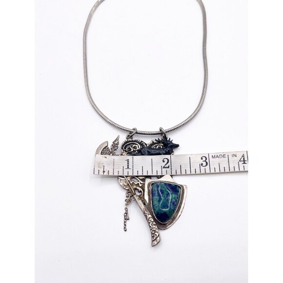 925 Sterling Silver Azurite Necklace Medieval Axe Shield Stag Mythical Fantasy - Picture 6 of 11
